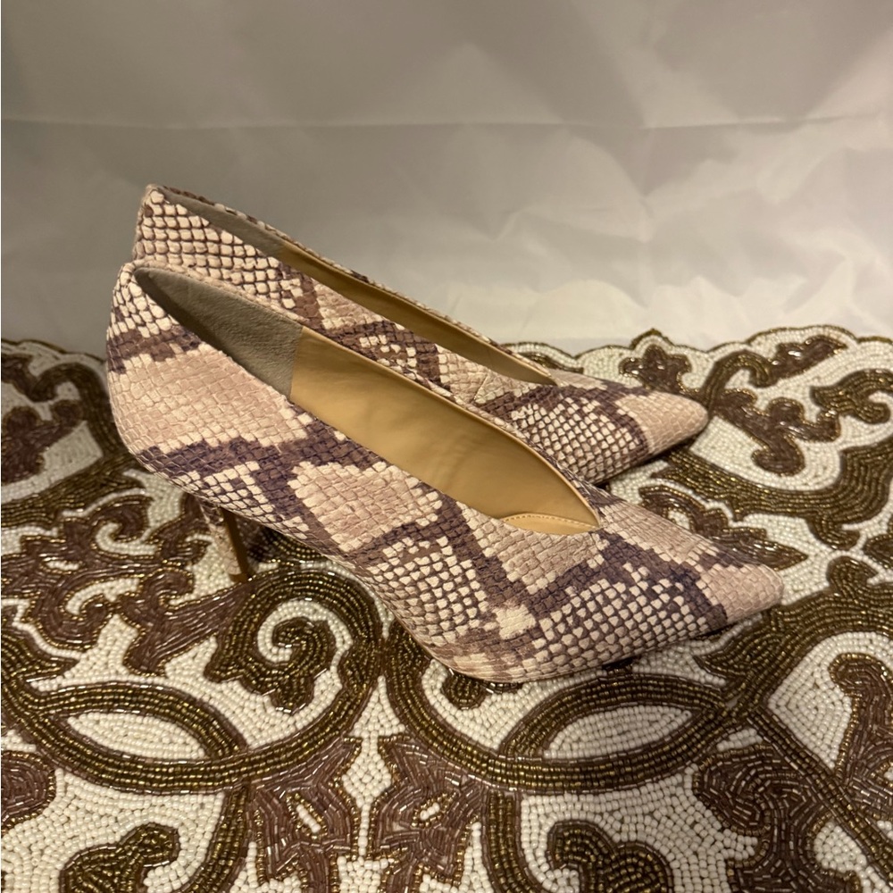 Vince Camuto Snakeskin Heels in Cream and Brown